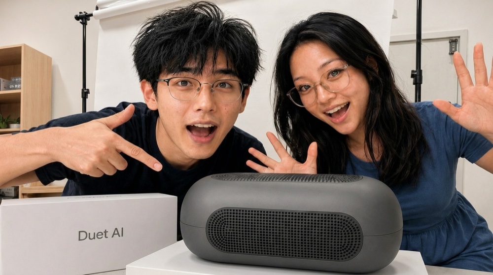 Duet AI team with the product and packaging